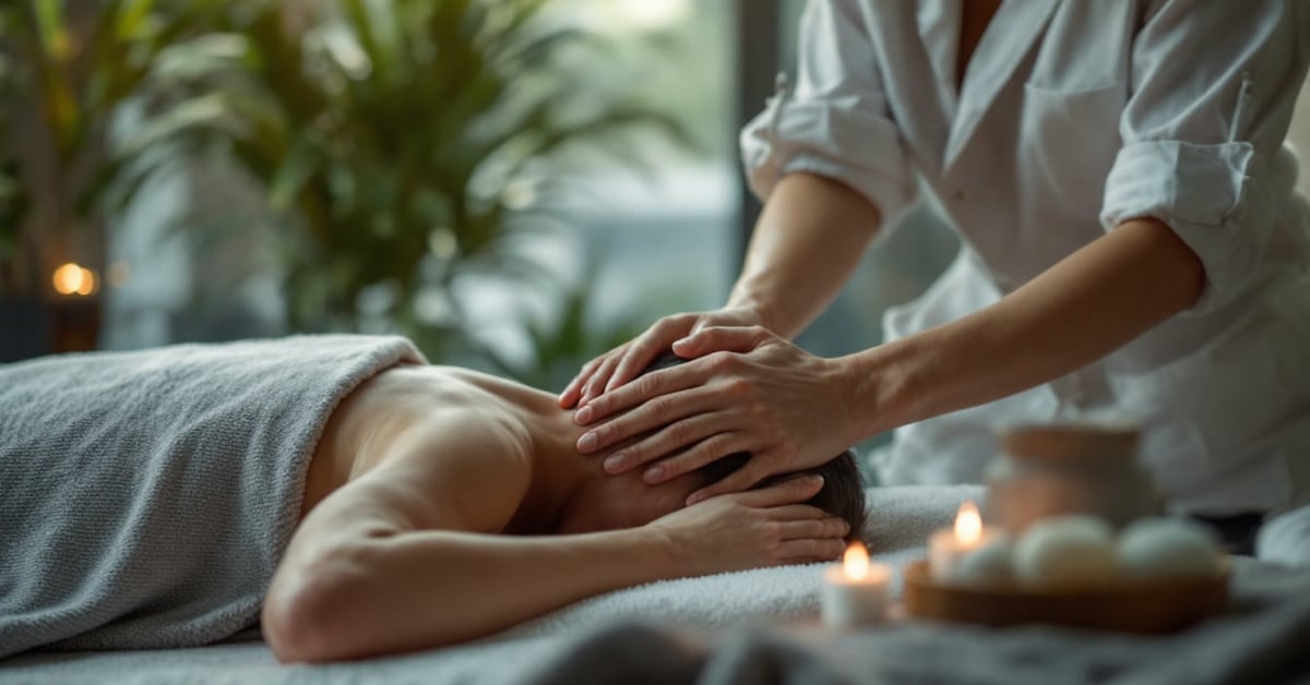Séance de massage relaxant réalisée par un thérapeute professionnel sur une table de soin