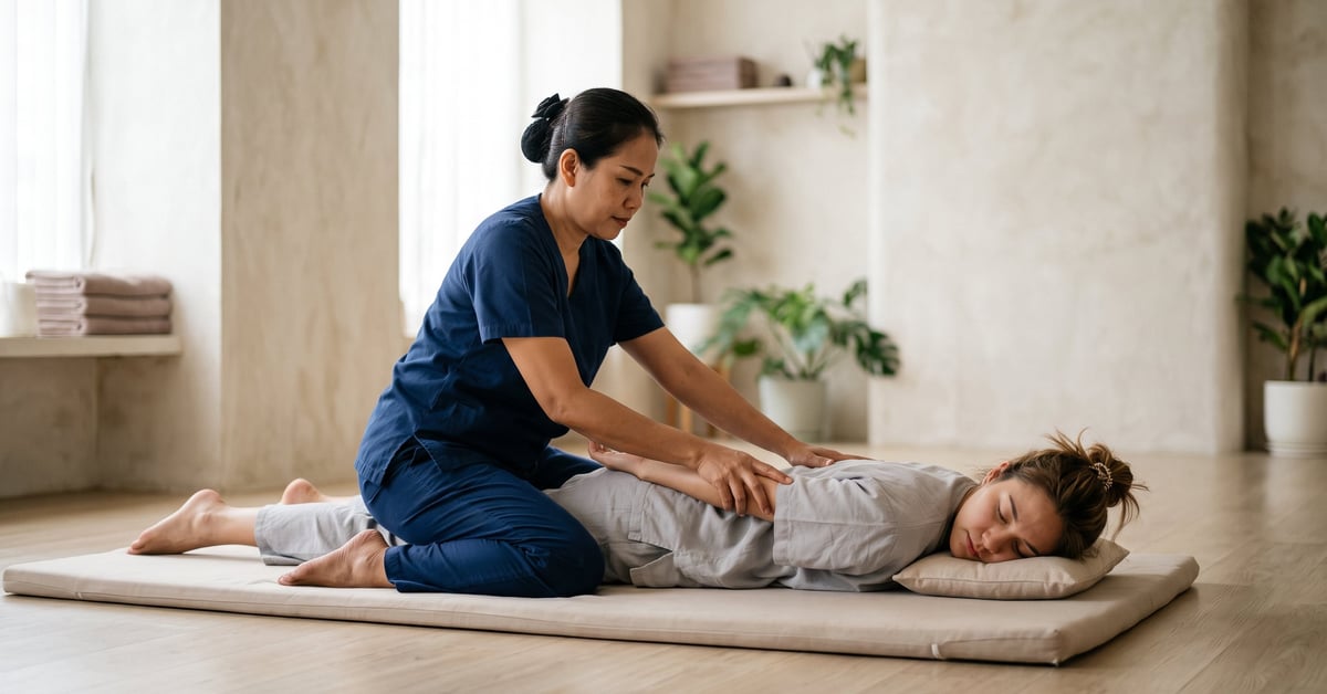 Massage thaïlandais traditionnel : praticien appliquant des techniques de pression sur un patient allongé