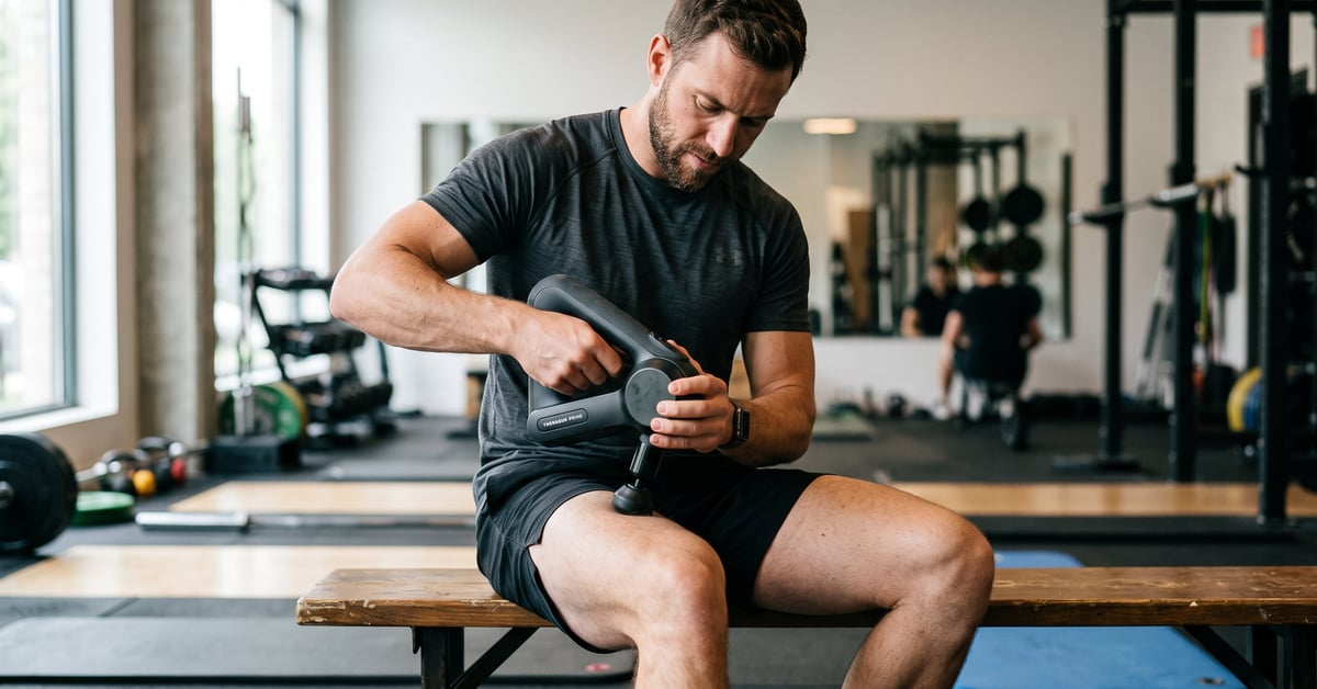 Pistolet de massage posé sur une surface moderne, appareil de récupération musculaire professionnel