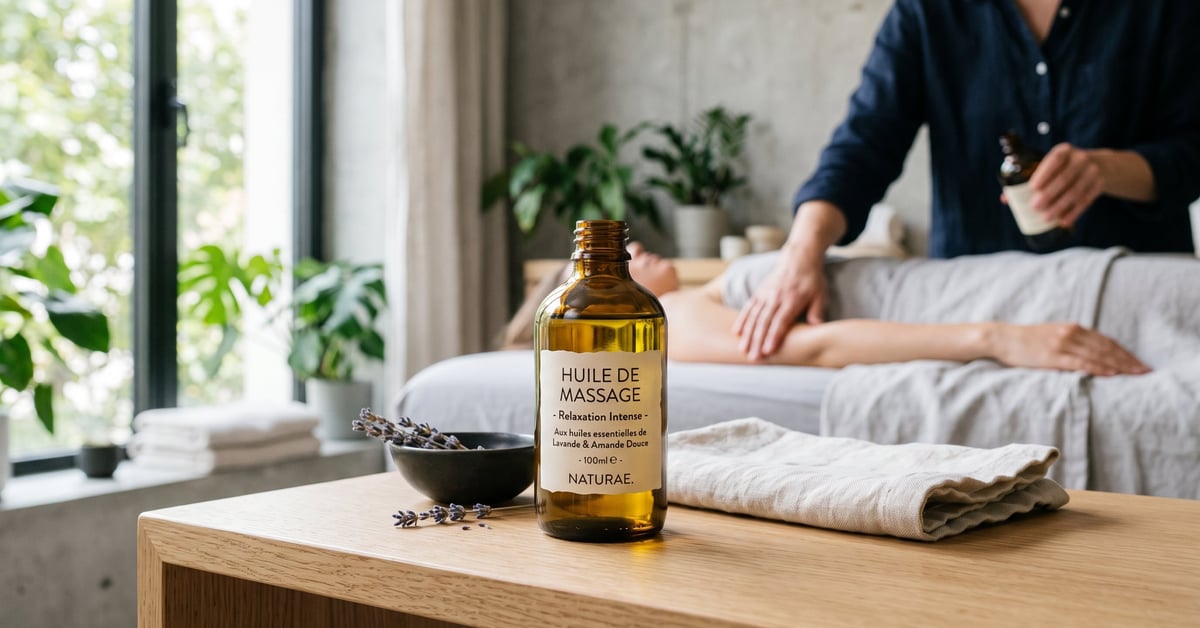 Huile de massage naturelle versée dans la main, idéale pour détendre les muscles et nourrir la peau