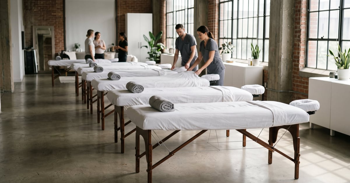 Table de massage professionnelle dans un espace moderne épuré, idéale pour choisir son équipement de bien-être