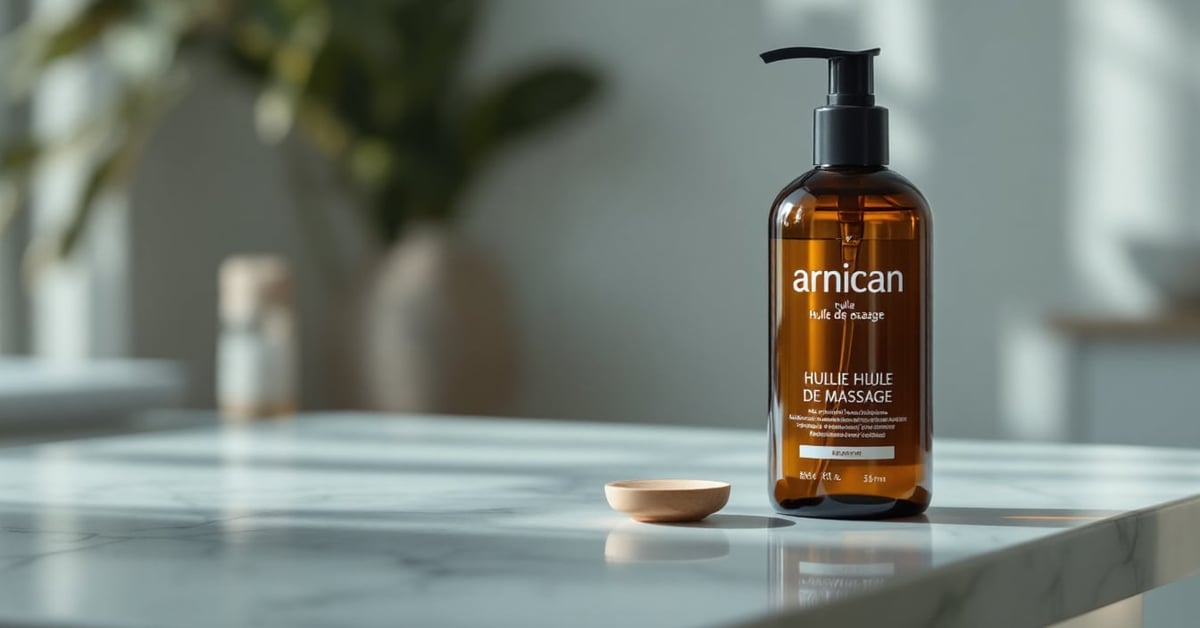 Arnican huile de massage posée sur une surface naturelle, utilisée pour soulager muscles et articulations