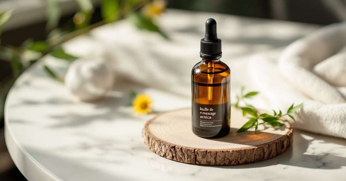 Huile de massage à l'arnica dans un flacon ambré avec des fleurs d'arnica fraîches sur fond naturel