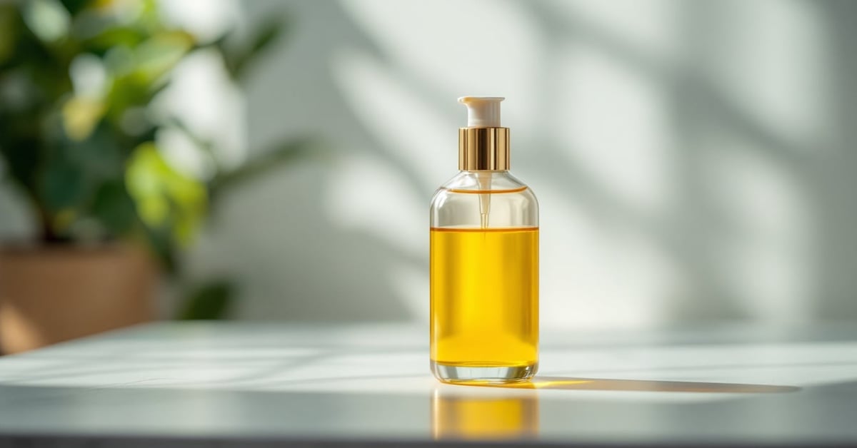 Huile de massage comestible dans un flacon en verre sur fond naturel avec fleurs et ingrédients