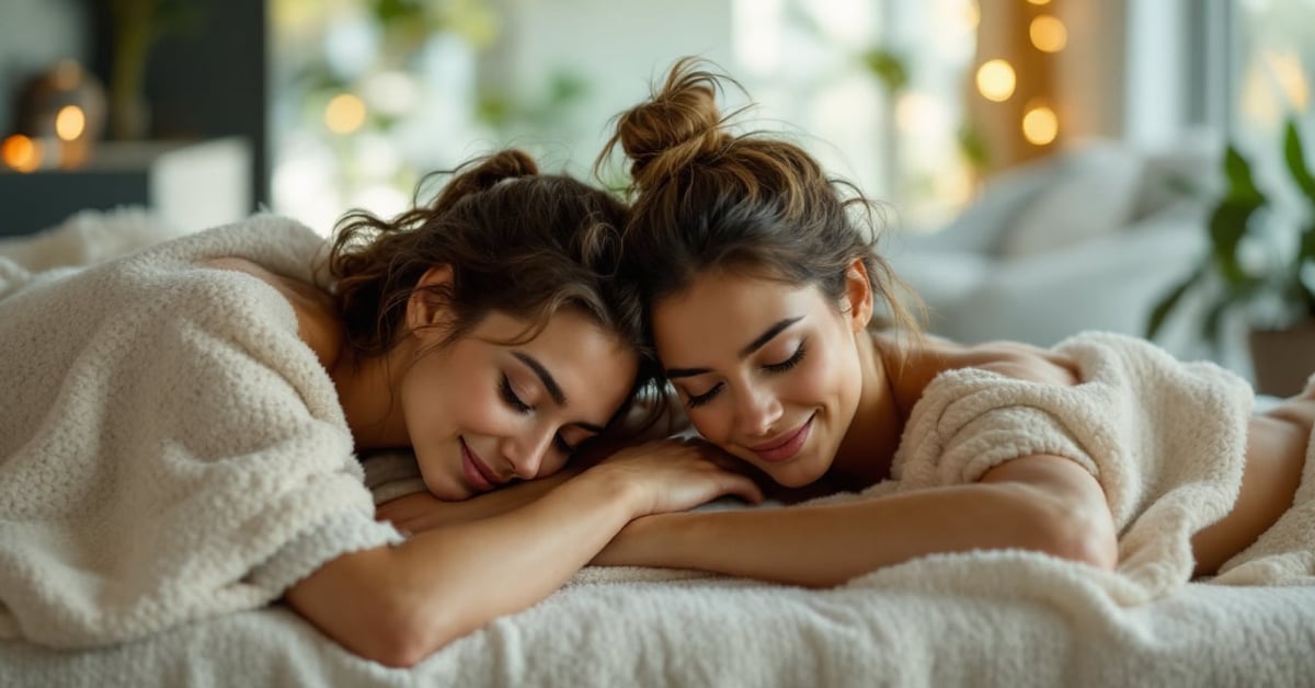 Huile de massage pour couple posée sur une surface élégante, dans une ambiance intime et chaleureuse