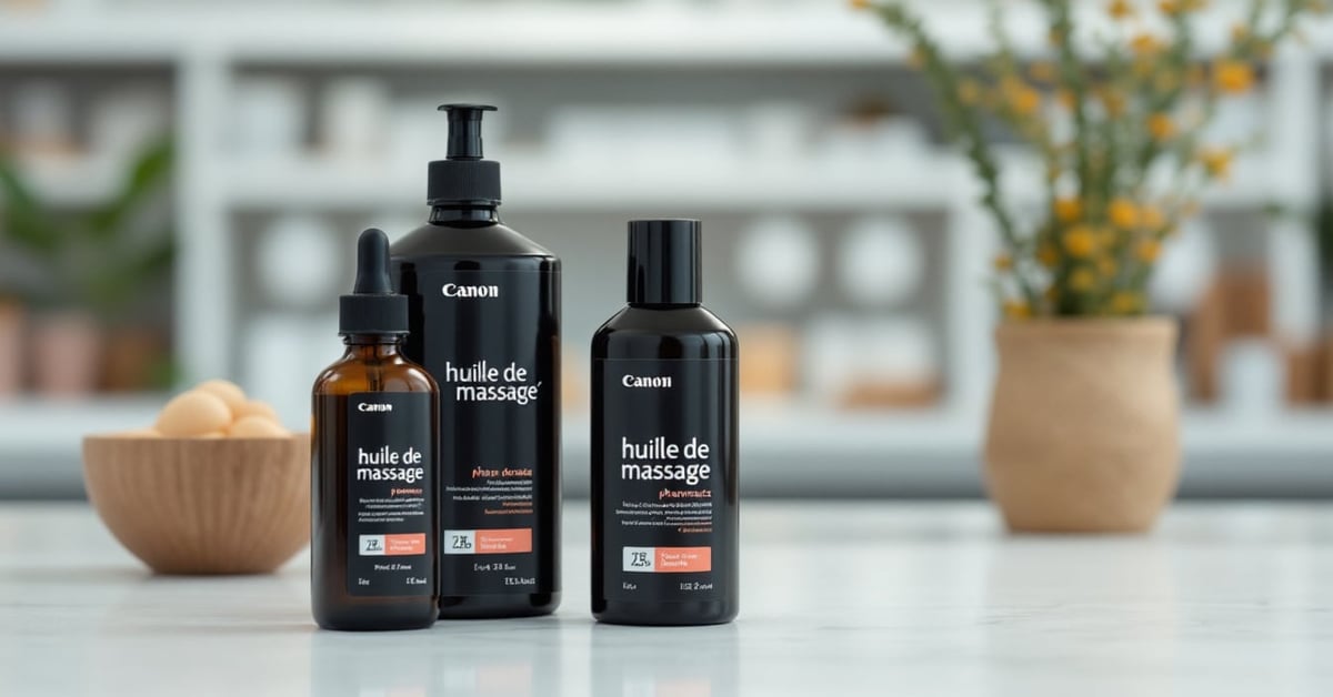 Huile de massage en pharmacie : flacon d'huile naturelle sur fond clair, soin corporel