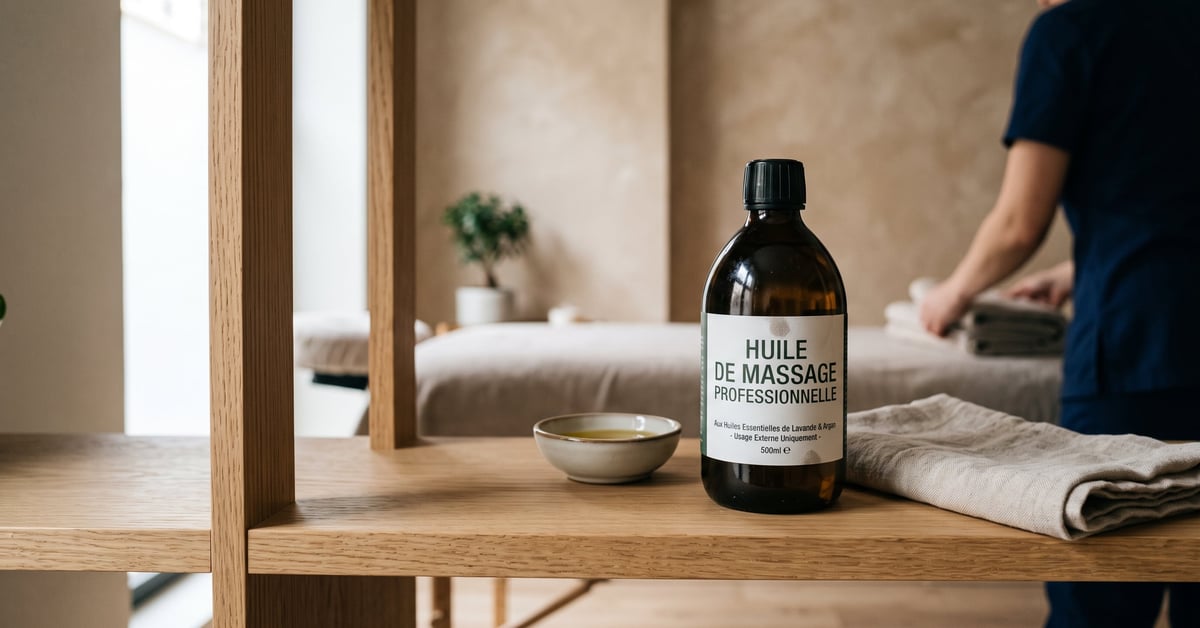 Huile de massage professionnelle en flacon ambré sur table de soin en bois, cabine de massage épurée