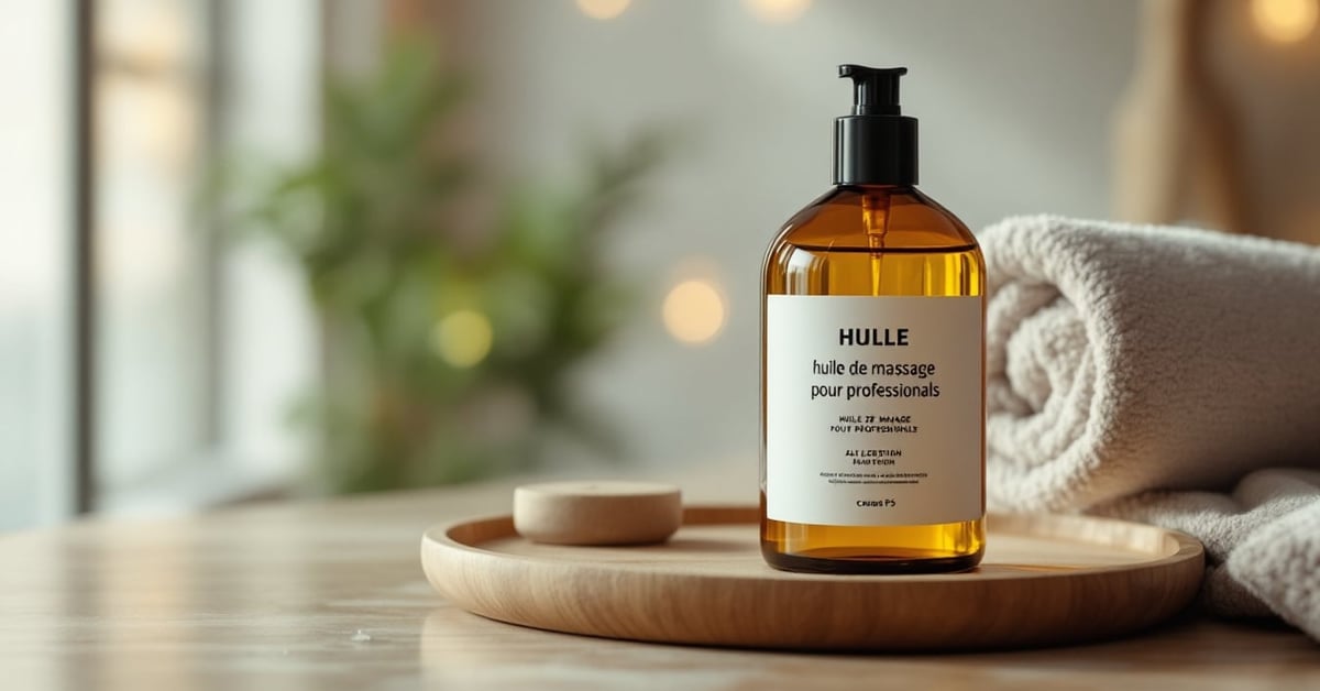 Huile de massage pour professionnels posée sur une table de soin en cadre moderne et épuré