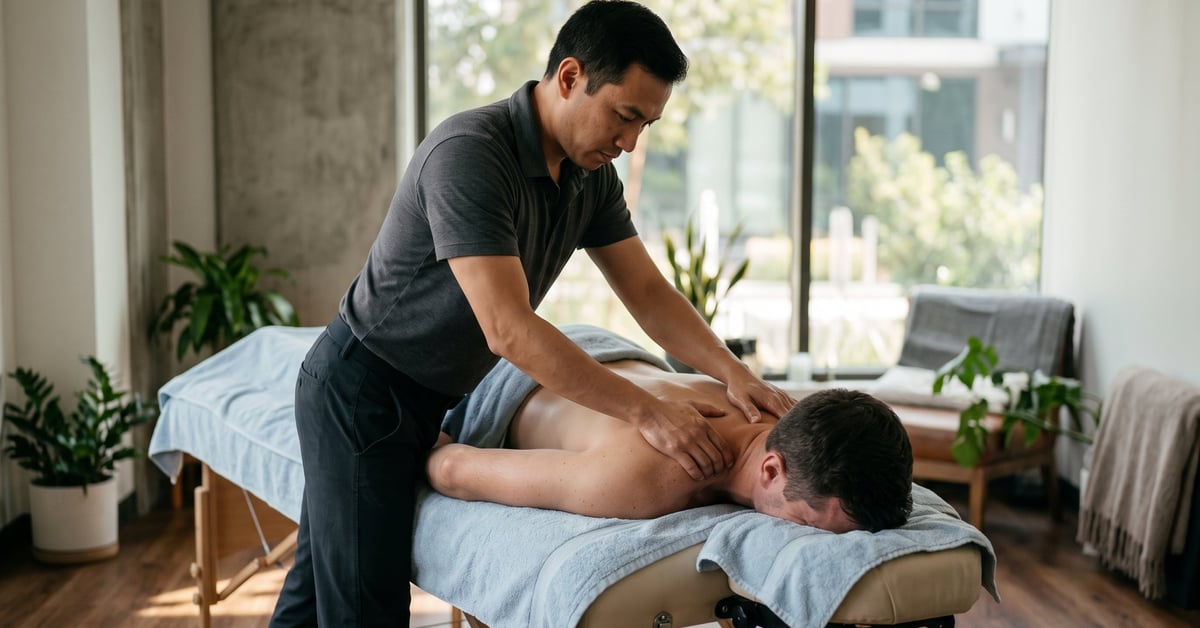 Massage californien pour homme en séance de relaxation profonde sur table de soin