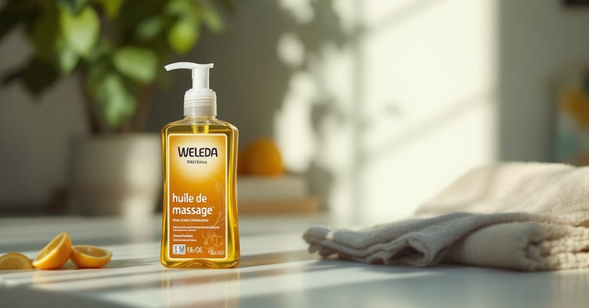 Weleda huile de massage corps – flacon ambre naturel posé sur fond épuré